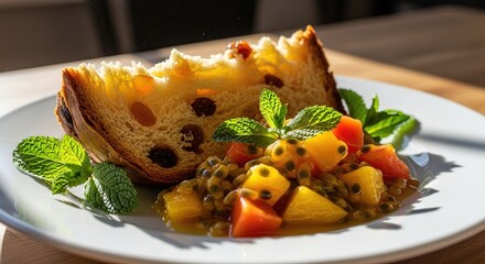 Delicious sweet bread with fresh fruit salsa and mint leaves served on a white plate in natural sunlight