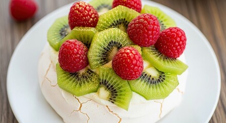 Delicious pavlova dessert topped with fresh sliced kiwi fruit and vibrant red raspberries on a white plate with a wooden background