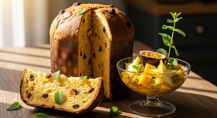 Delicious slice of traditional italian panettone cake with candied fruit and mint leaves served with a refreshing passion fruit dessert and fresh mint garnish