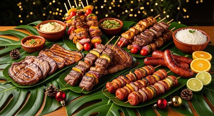 Abundant brazilian churrasco barbecue feast featuring various grilled meats skewers sausages and sides served on tropical leaves with festive bokeh lights in the background