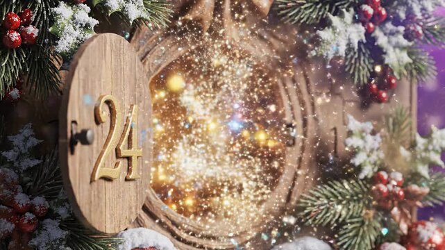 A magical advent calendar opens on December 24th. The door reveals sparkling golden light and festive glitter. Christmas Eve holiday surprise animation