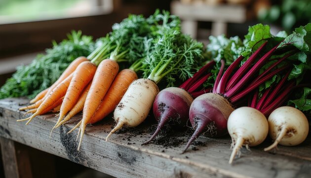 Fresh Root Vegetables Healthy Harvest Displayed on Wooden Table