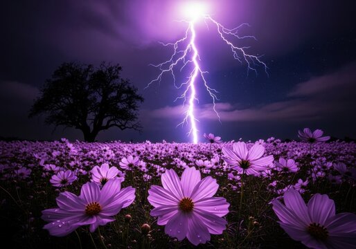 Vibrant purple lightning strikes over a field of blooming flowers at night