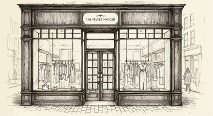 Line-art rendering of a classic storefront featuring symmetrical windows, framed entrance, decorative molding, and sophisticated traditional retail exterior layout.