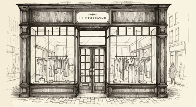 Line-art rendering of a classic storefront featuring symmetrical windows, framed entrance, decorative molding, and sophisticated traditional retail exterior layout.