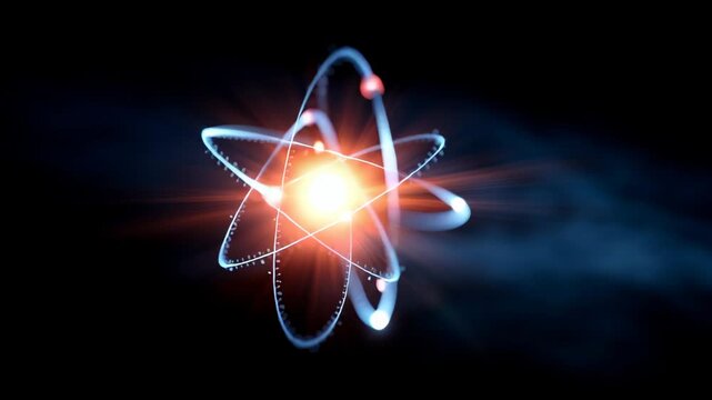 Stunning abstract illustration of an atom with glowing particles and vibrant colors for science and technology themes