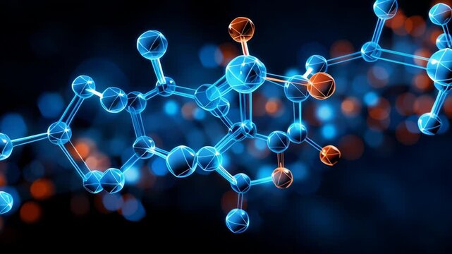 Abstract molecular structure with glowing nodes in blue and orange against a dark background