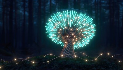 Macro view of a glowing bioluminescent fungus in deep forest darkness, its stem made of interwoven light threads