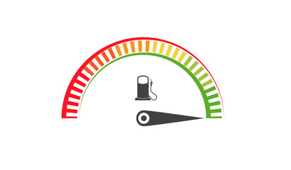 Car dashboard fuel gauge meter on white background with colorful marks and black indicator. Transportation vector design with fuel pump. 