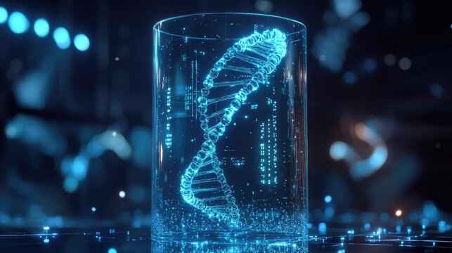 Dna double helix glowing in a futuristic lab