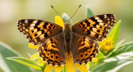 Beautiful butterfly with intricate wing patterns rests on a yellow flower
