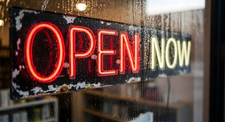 Come on in! Bright neon 'Open Now' sign beckons customers to shop during rainy weather, signaling vibrant business is ready and welcoming all visitors