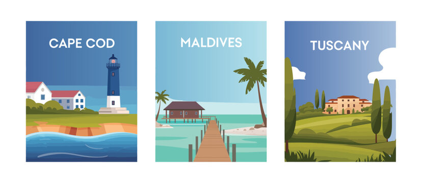 Artistic set of travel posters, postcards, and banners with vibrant landscapes, urban skylines, and tourist destinations, designed as decorative wall art for interiors.