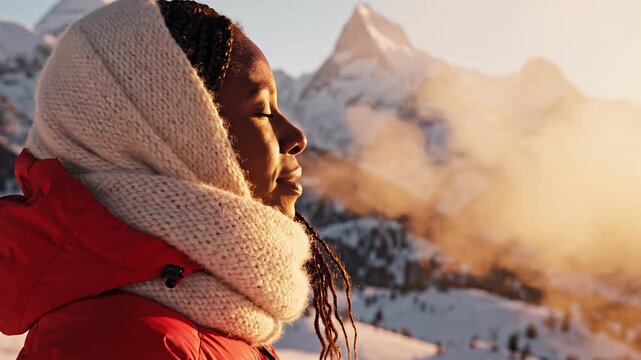 Woman breathing in cold winter air in slow motion. Close-up profile enjoying a mountain sunrise. Outdoor adventure and mindfulness concept