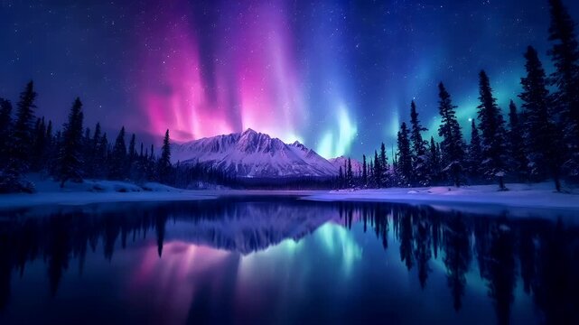 Aurora Borealis over snowcovered mountain range with reflection in calm lake, alberta.