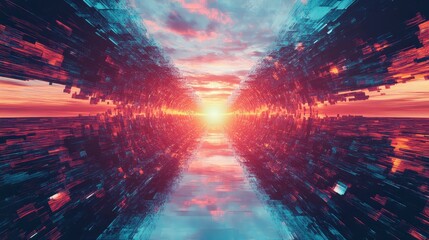 Futuristic data tunnel leading to sunset horizon