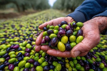 A hand is holding a bunch of green and purple grapes