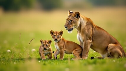 A mother lion tends to her cubs in a sunny grassy field