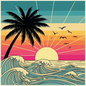 Create A Tropical sunset vector set with palm trees, ocean waves, and birds in a retro color palette. Perfect for t shirt designs, surf brands, travel posters, and summer-themed graphics