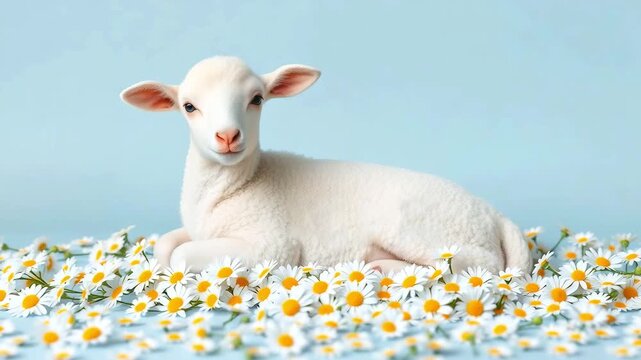 A baby sheep lying surrounded by daisies and grass on a blue studio background. Easter concept, spring, card with funny animal, white sheep