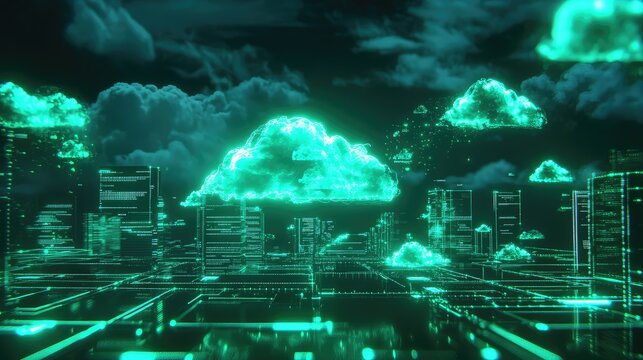 Cloud computing storing digital data in futuristic city network