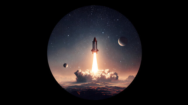 Rocket launching from a planet's surface into a starry night sky with moons