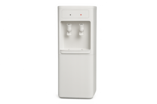 White plastic water cooler dispenser providing cold and hot purified drinking water, isolated on transparent background