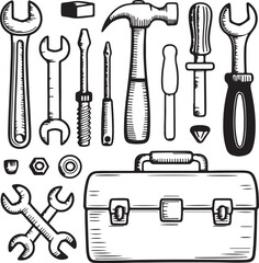 A collection of hand tools including wrenches screwdrivers hammer and toolbox vector