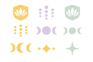 Soft pastel mystical symbols set featuring lotus flowers, triple moon phases, and celestial stars