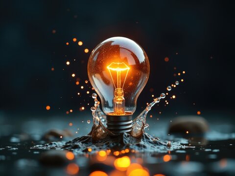 A close-up view of a light bulb with a small amount of water spilled on it, suitable for use in illustrations about everyday life or safety precautions