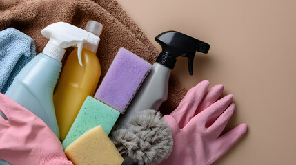 Cleaning supplies arranged on a soft towel with sponges and gloves for household chores