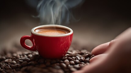 espresso cup held gently by a hand, surrounded by coffee beans, advertisement background