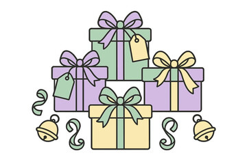 Stack of pastel colored holiday gift boxes with bows, tags, and scattered jingle bells for celebration