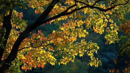 Golden morning light filtering through autumn leaves casting soft glow across background