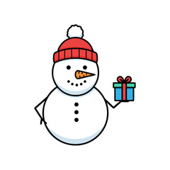 Snowman flat character holding gift box
