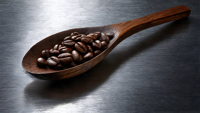 Photorealistic wooden spoon filled with coffee beans on dried autumn leaves rustic background, seasonal coffee