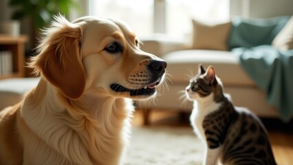 A dog and cat sitting side by side on the floor, showcasing friendship and companionship