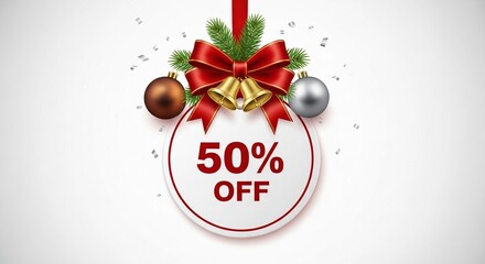 A festive Christmas ornament with a 50% off discount message, decorated with a red bow, bells, and pine branches.