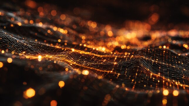 Digital network connecting data nodes with glowing particles