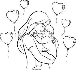 A Mother Hugs Her Child Line Art