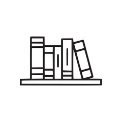 A simple line drawing of a shelf with several books standing on it against a white background space