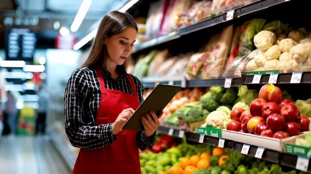 A woman in a red apron is shopping in a grocery store. She is using a tablet. The store has a variety of fresh produce on the shelves.