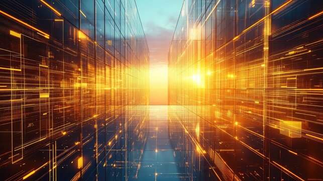 Digital data flowing through abstract glass buildings