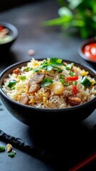 Indonesian Fried Rice (Nasi Goreng) in Black Stone Bowl, Professional Food Photography