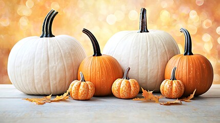 Warm pastel beige tone featuring mini pumpkins and glowing bokeh of autumn light