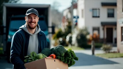 A man in a blue hoodie and cap stands in front of a moving truck, holding a cardboard box filled with fresh vegetables.