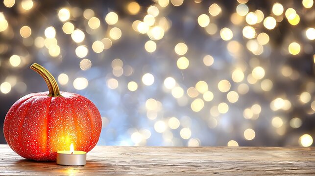 Warm rustic autumn flat lay showing orange pumpkins and cozy candle glow on wood