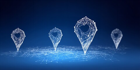 Digital network of location pin icons on a blue background representing global connections navigation and modern technology solutions