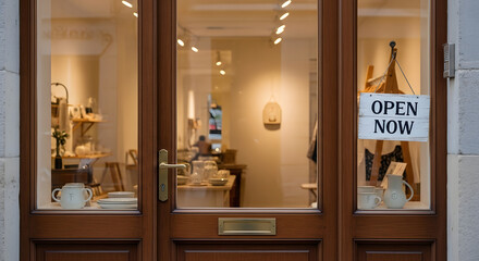 Charming shop window display with an open sign, inviting shoppers to browse unique ceramics and home decor for a delightful retail experience now