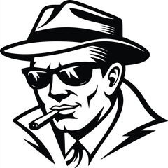 Monochrome man in trench coat and fedora smokes a cigar with cool sunglasses